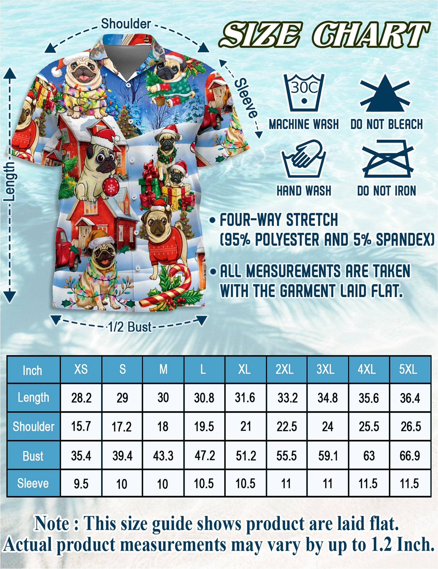 Netecom Funny Pug Christmas Hawaiian Shirt for Men, Cute Dog Holiday Print Button Down Summer Beach Short Sleeve Shirt, S-5XL