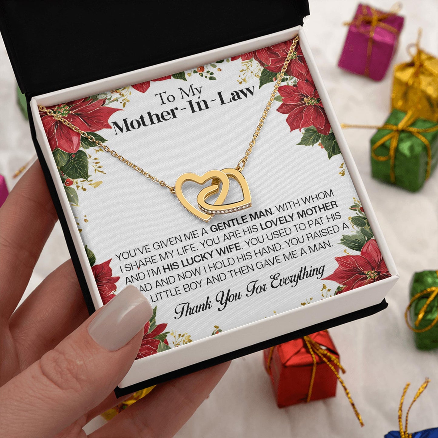 Netecom Personalized To My Mother-in-Law Necklace from Daughter-in-Law, Interlocking Heart Jewelry with Floral Card, Birthday, Christmas, Mother’s Day Gift