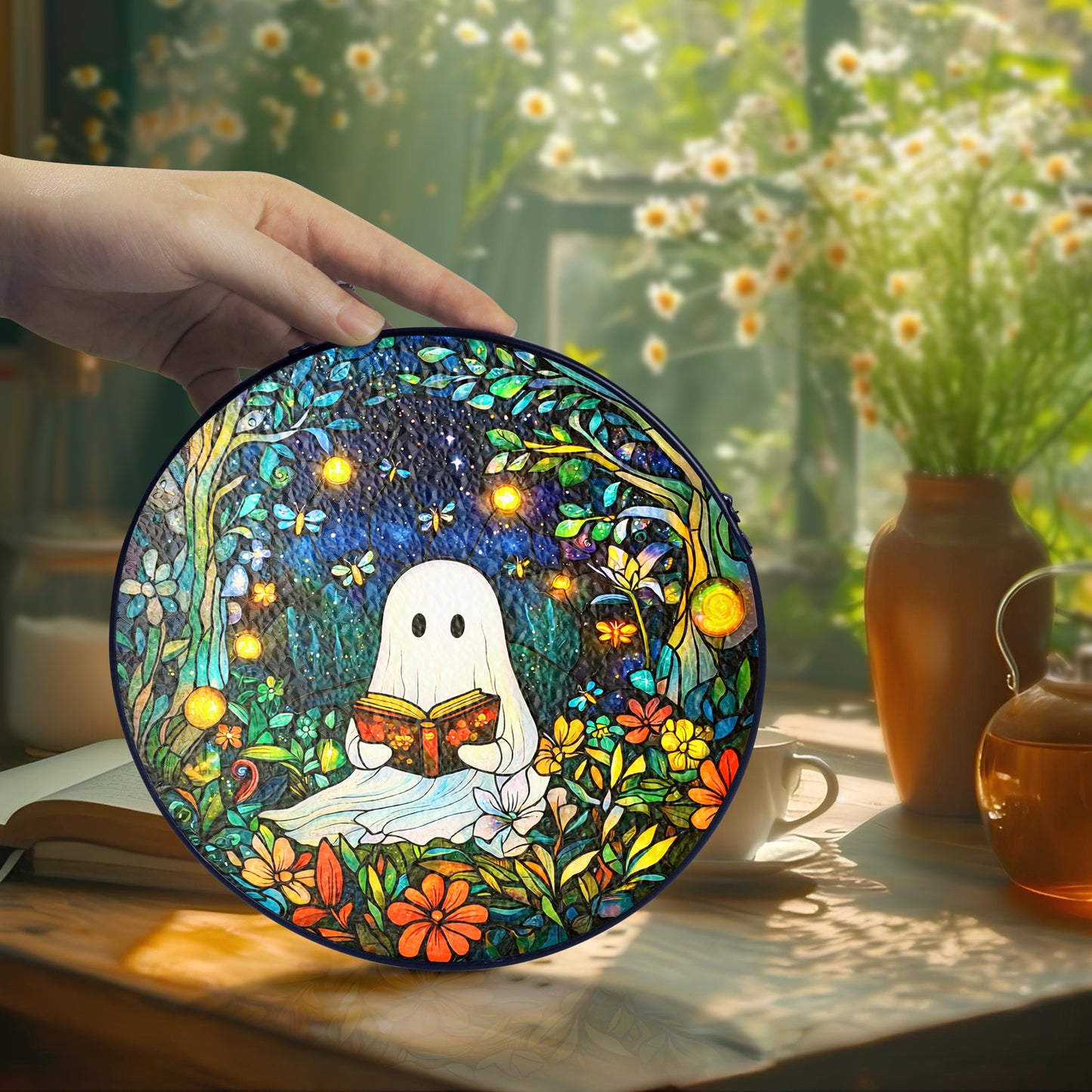 Netecom Reading Ghost in Forest Stained Glass Suncatcher, Firefly Night Window Hanging, Whimsical Glass Decor, Unique Gift for Book Lovers and Cozy Home Accent