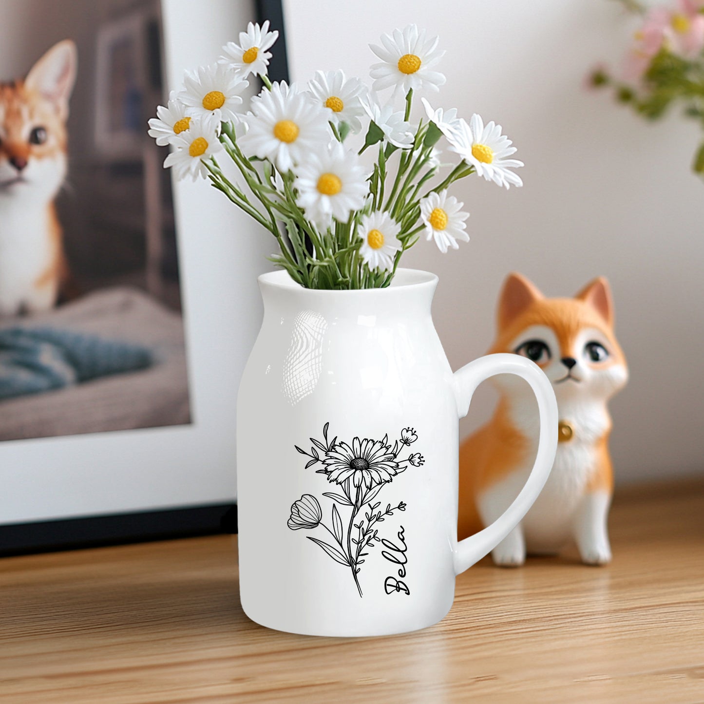 Netecom Personalized Birth Month Flower Pitcher Vase, Botanical Ceramic Jug with Custom Name, Meaningful Gift for Christmas, Mother’s Day, or Anniversary