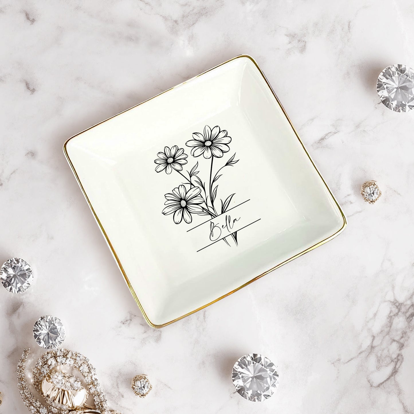 Netecom Personalized Birth Month Flower Ceramic Jewelry Tray , Custom Name Ring Dish Set , Elegant Bridesmaid Gift , Gold Rim Trinket Dish for Her