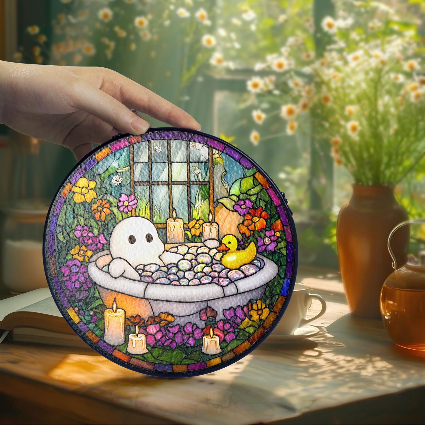 Netecom Charming Ghost in Bathtub Stained Glass Sun Catcher – Quirky Decorative Ornament, Perfect Gift for Fun and Whimsy