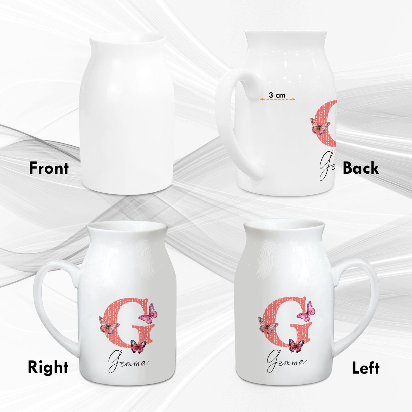 Netecom Custom Floral Initial Ceramic Jug Vase with Personalized Name, Stylish Farmhouse Gift for Birthday, Wedding, or Holiday Decor