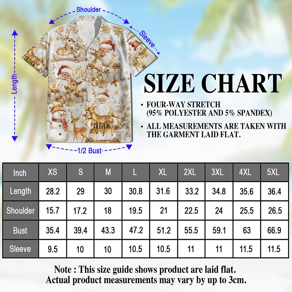 Netecom Golden Santa Claus and Reindeer Christmas Hawaiian Shirt, Elegant Holiday Button Down Summer Beach Shirt, S-5XL