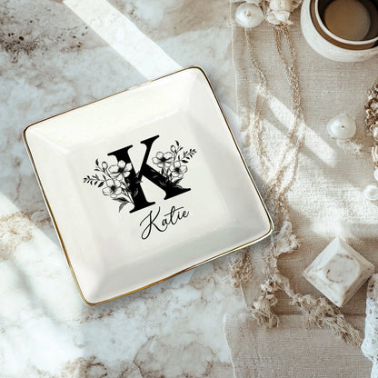 Netecom Personalized Floral Jewelry Dish with Custom Letter and Name, Elegant Ceramic Tray for Birthdays and Home Decor