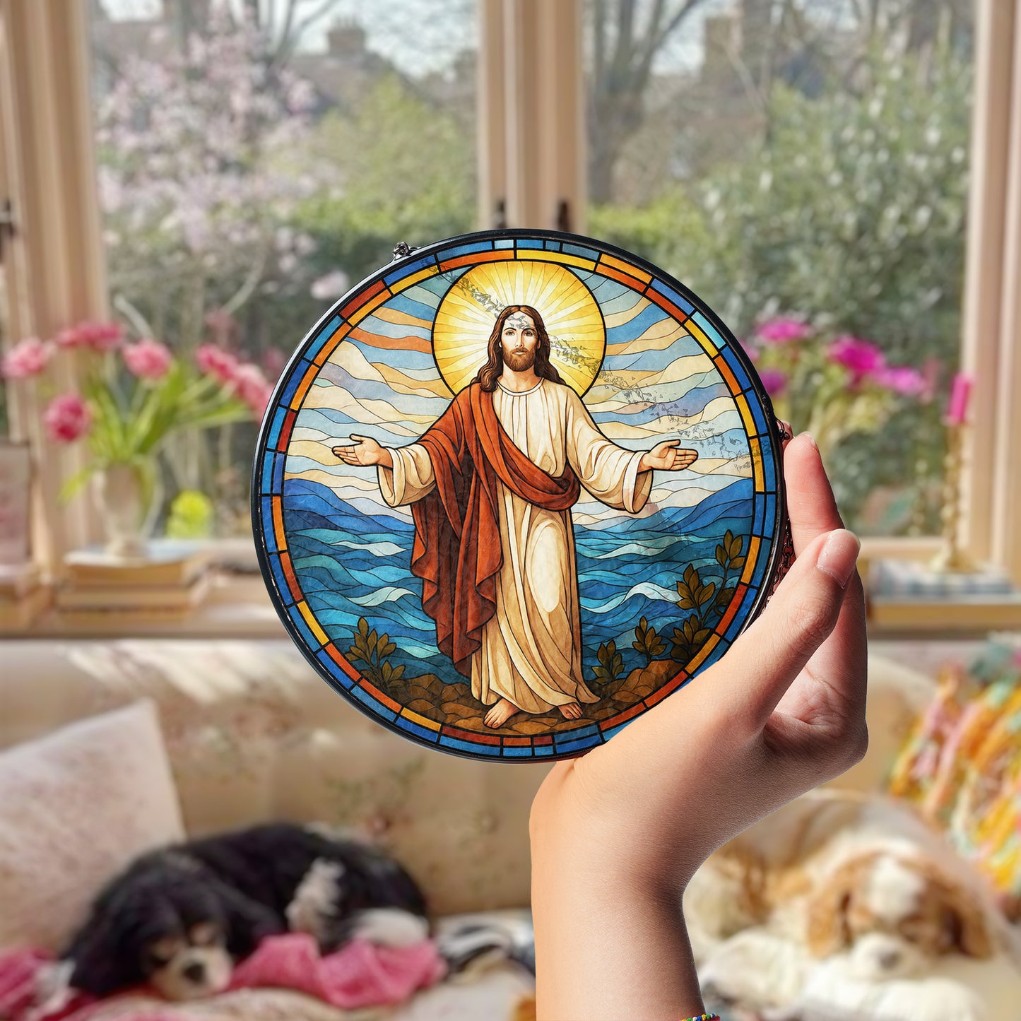 Netecom Jesus Stained Glass Suncatcher, 8 in – Religious Window Ornament for Home & Church