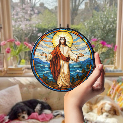 Netecom Jesus Stained Glass Suncatcher, 8 in – Religious Window Ornament for Home & Church