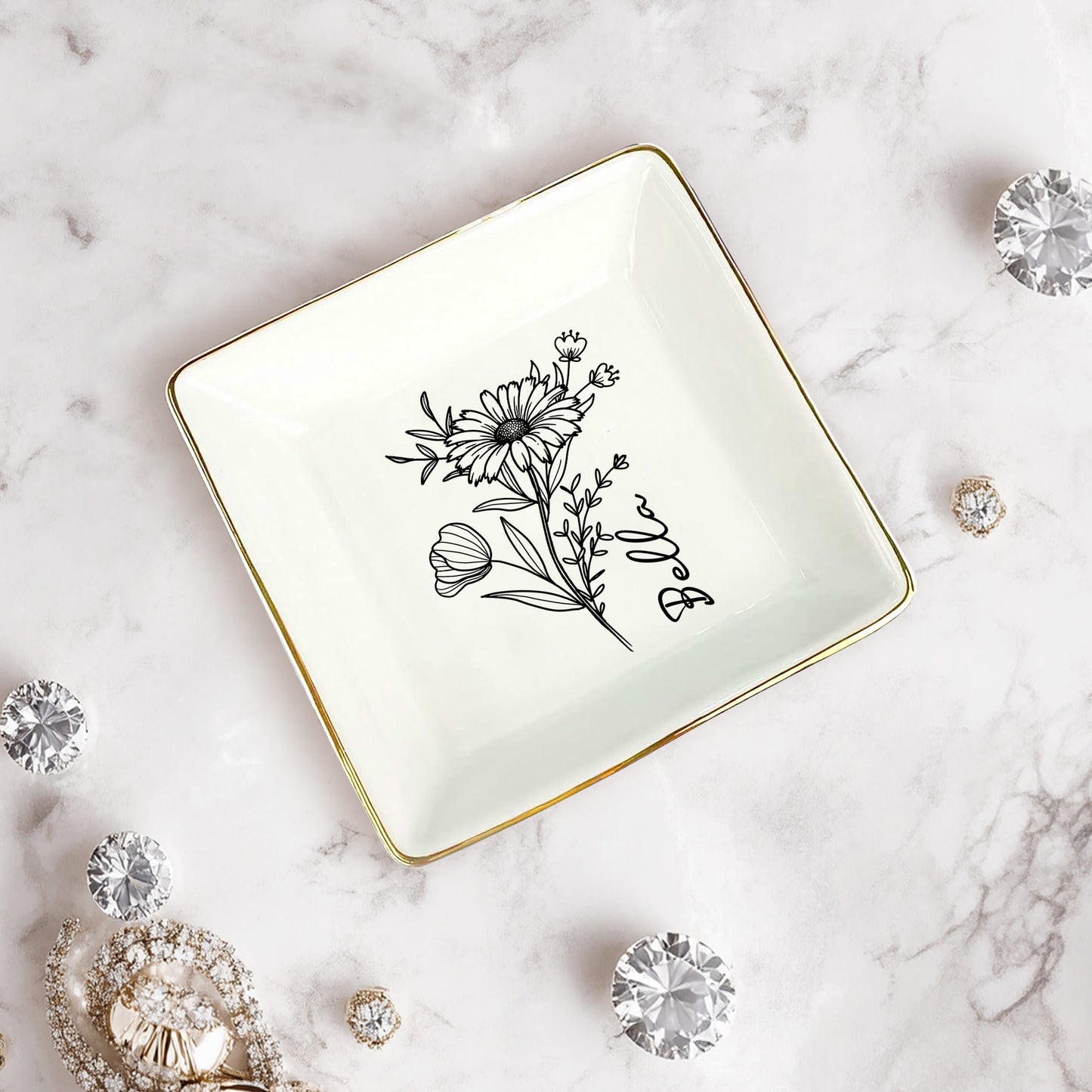 Netecom Elegant Personalized Birth Month Flower Jewelry Dish Set, Custom Name Gold Rim Ceramic Ring Tray for Bridesmaid & Mother's Day Gift