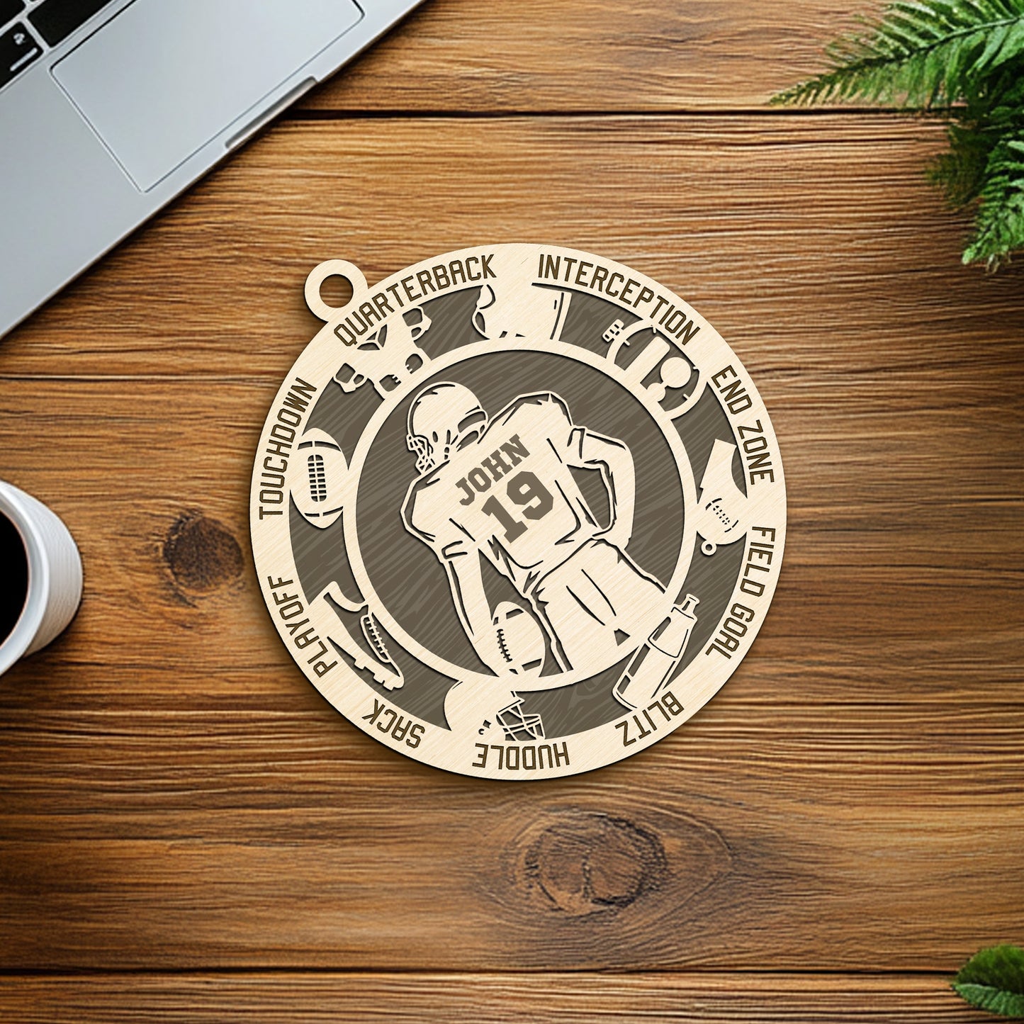 Netecom Personalized Football Ornament – Custom Wooden Decoration for Football Players & Fans – Football Action Terms & Christmas Gift