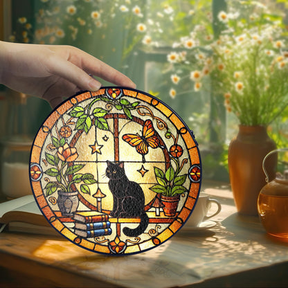 Netecom Black Cat and Books Stained Glass Suncatcher, Golden Floral Window Hanging, Cozy Home Decor, Christmas Gift for Cat Lovers and Book Enthusiasts