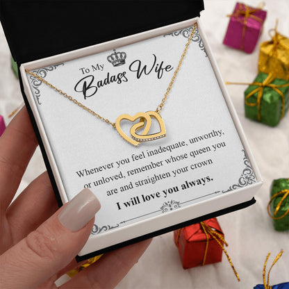 Netecom Personalized To My Badass Wife Necklace from Husband, Custom Message Card with Name, Interlocking Heart Jewelry Gift for Wedding, Birthday, Christmas