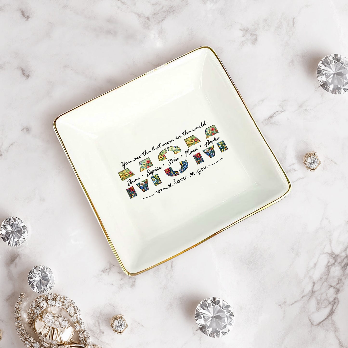Netecom Elegant Floral "MOM" Ring Holder with Personalized Kids Names, Ideal Gift for Grandma or Mother's Day