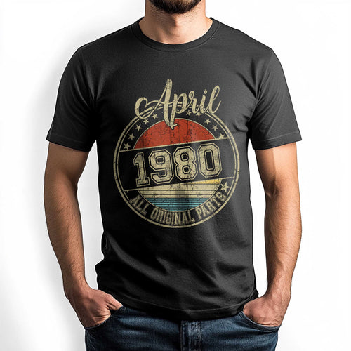Netecom April 1980 All Original Parts T-Shirt, Retro Birthday Shirt for Men, Perfect Gift for April Birthday