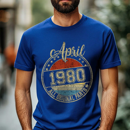 Netecom April 1980 All Original Parts T-Shirt, Retro Birthday Shirt for Men, Perfect Gift for April Birthday