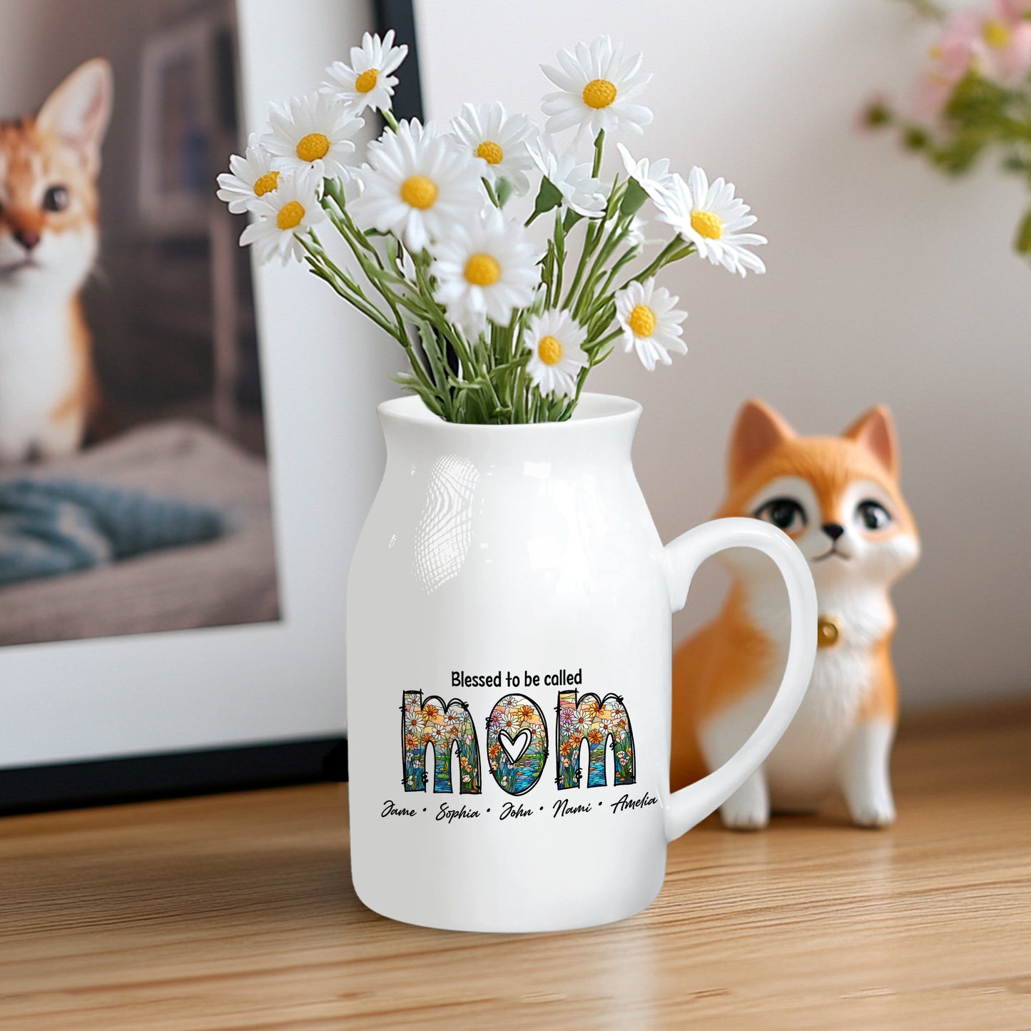 Netecom Custom Floral MOM Ceramic Pitcher, Personalized Name Vase, Perfect Gift for Mother’s Day, Birthday, or Holiday Decor