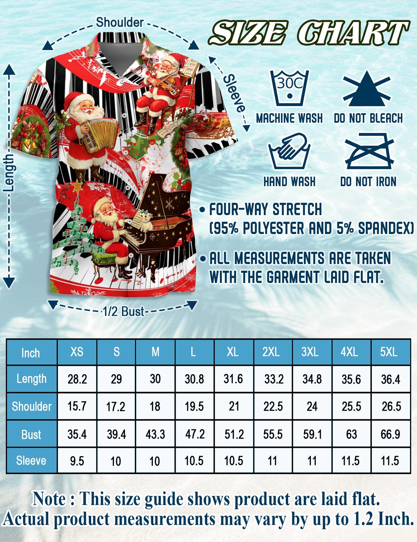 Netecom Santa Claus Playing Musical Instruments Hawaiian Shirt, Christmas Music Theme Button Down Short Sleeve Shirt, S-5XL