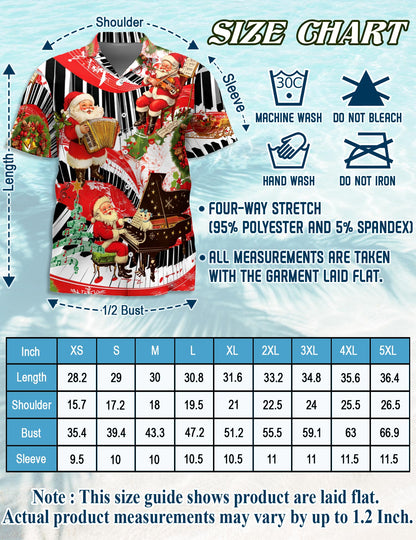 Netecom Santa Claus Playing Musical Instruments Hawaiian Shirt, Christmas Music Theme Button Down Short Sleeve Shirt, S-5XL