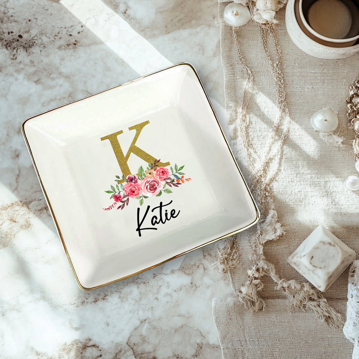Netecom Personalized Floral Jewelry Tray with Glittery Initials, Custom Name Jewelry Dish for Special Occasions or Gifts