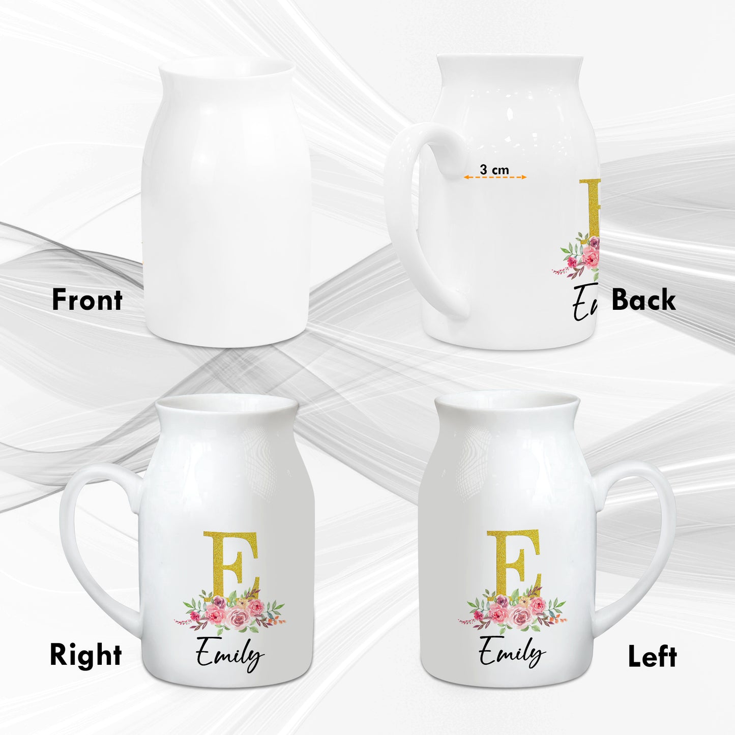 Netecom Custom Initial and Name Ceramic Jug, Modern Floral Vase, Thoughtful Gift for Mother’s Day, Birthday, or Housewarming
