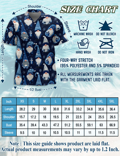 Netecom Blue Snow Gnomes Pattern Hawaiian Shirt for Men, Vintage Christmas Holiday Aloha Button Down Short Sleeve Shirt