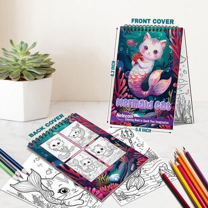 Netecom Mermaid Cat Coloring Book Spiral Bound for Adults, A5 Wooden Cover, 30 Adorable Coloring Pages of Magical Creatures for Stress Relief and Relaxation