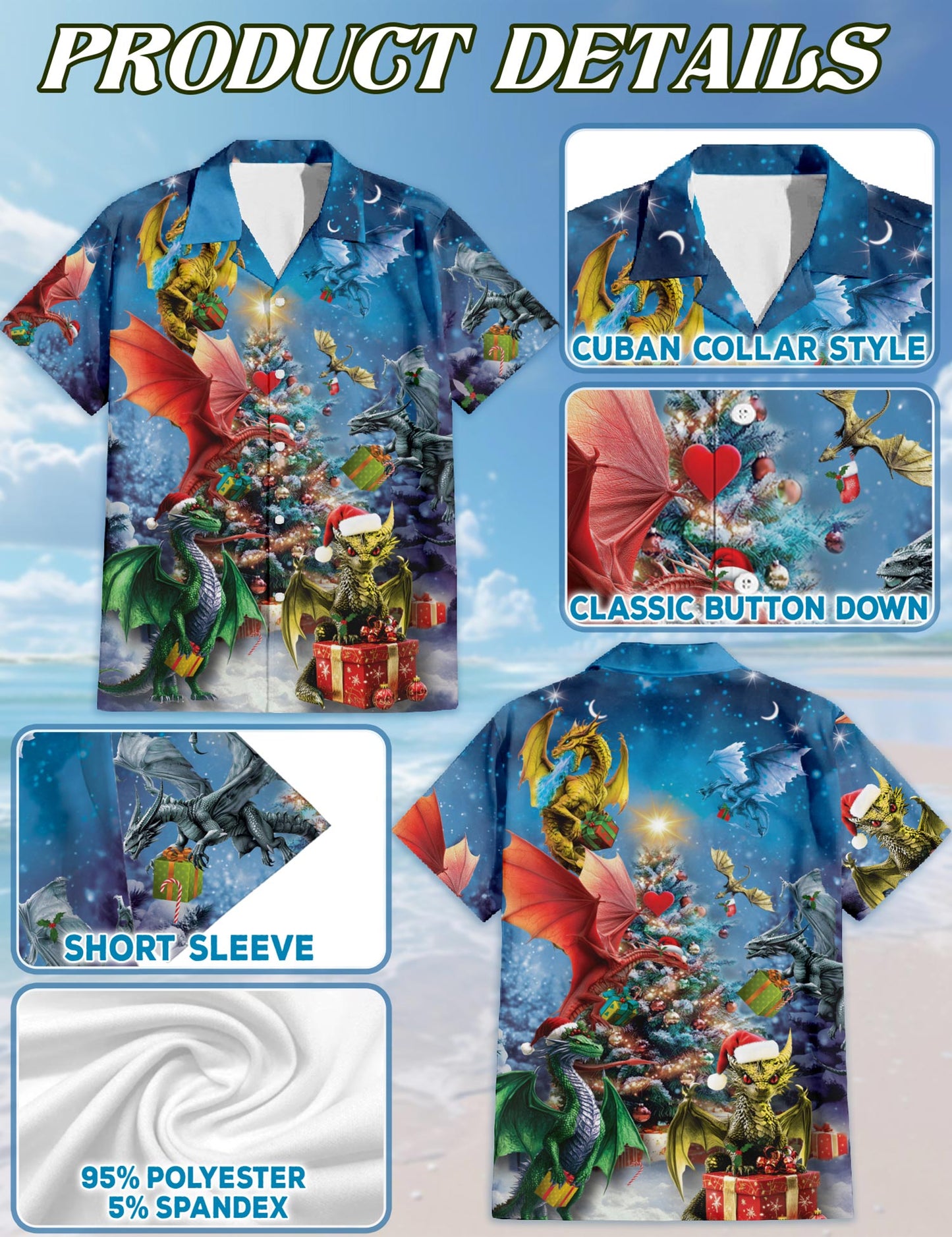 Netecom Christmas Dragons Hawaiian Shirt for Men Women, Fantasy Dragon Button Down Summer Short Sleeve Shirts, S-5XL