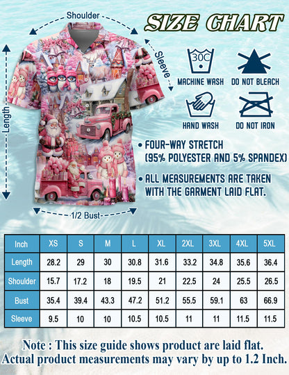 Netecom Pink Christmas Santa Claus Hawaiian Shirt for Men, Cute Holiday Village Print Button Down Summer Beach Shirt, S-5XL