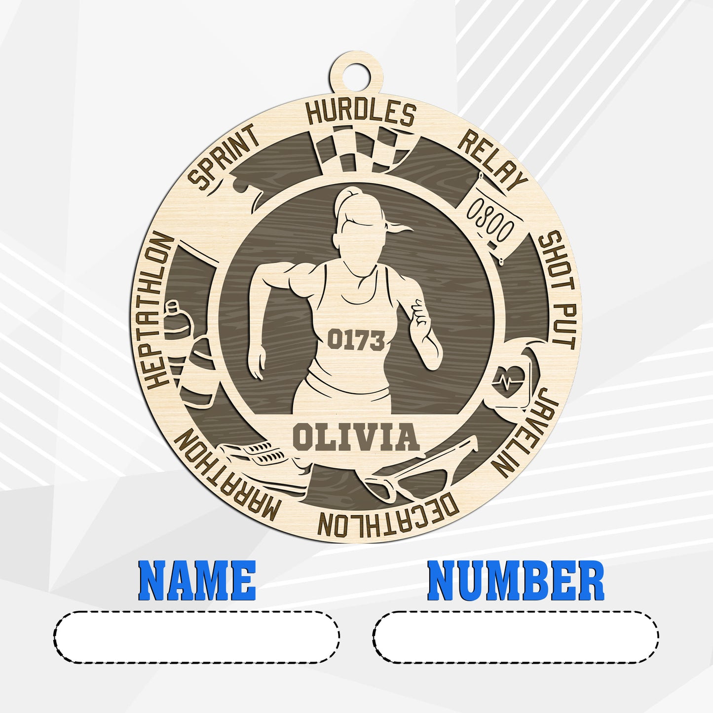 Netecom Track & Field Player Ornament – Personalized Wooden Decoration with Name & Athletic Terms