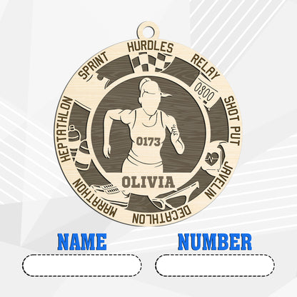 Netecom Track & Field Player Ornament – Personalized Wooden Decoration with Name & Athletic Terms