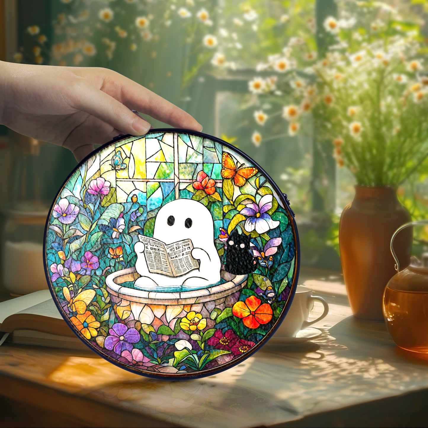 Netecom Ghost in Bathtub Stained Glass Sun Catcher – Whimsical Window Hanging, Perfect Gift for Fun Decor Lovers