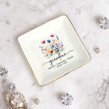 Netecom Personalized Ceramic Jewelry Tray with Custom Title & Names , Unique Grandma’s Garden Ring Dish , Mother’s Day or Christmas Gift