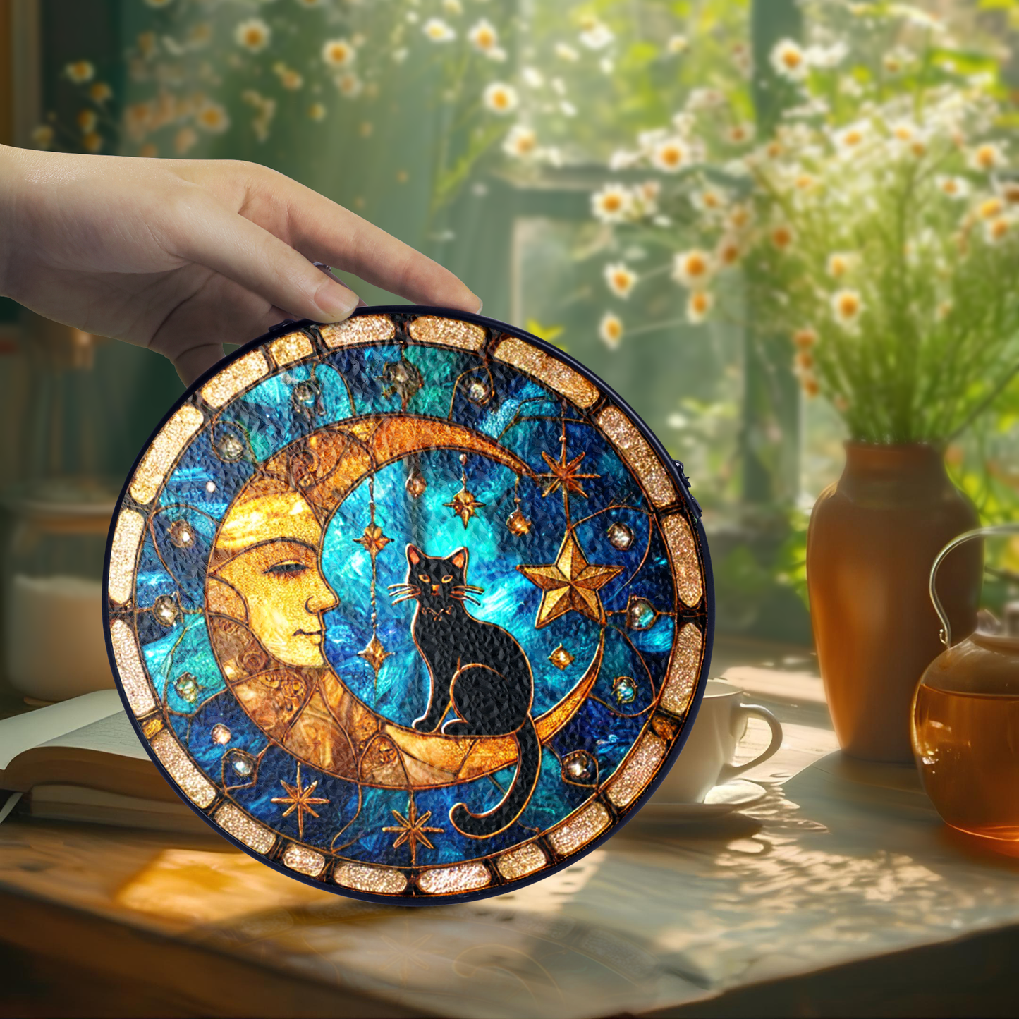 Netecom Black Cat on Moon Stained Glass Suncatcher , Celestial Witchy Window Decor , Unique Gift for Cat Lovers & Mystical Home Accent