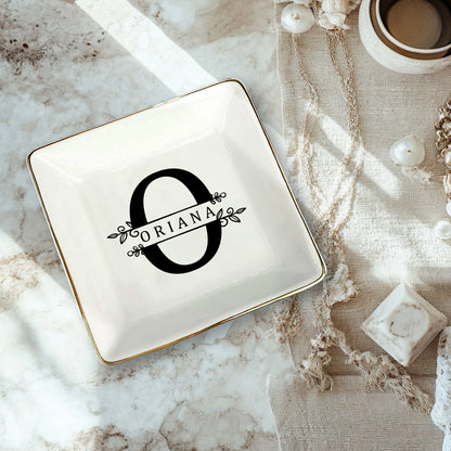 Netecom Custom Jewelry Tray with Floral Design and Initials, Personalized Ceramic Tray for Family Gifts, Weddings, or Mother’s Day