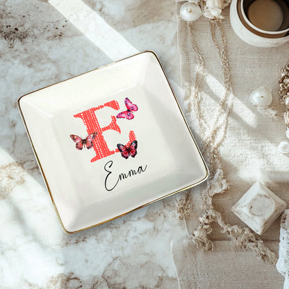 Netecom Personalized Ceramic Jewelry Tray with Initials and Floral Design, Ideal Gift for Weddings, Birthdays, or Family Occasions