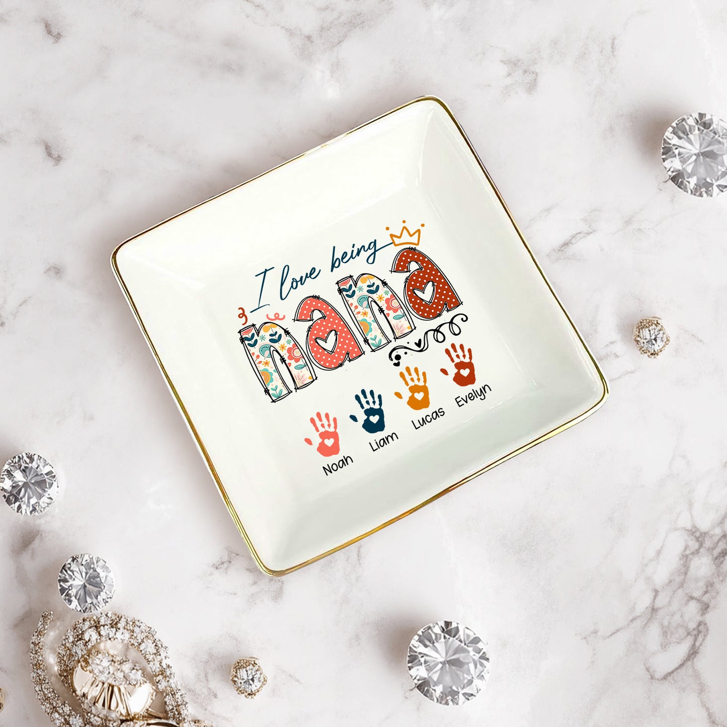 Netecom Personalized I Love Being NANA Jewelry Tray, Custom Handprints & Grandkids Names Ceramic Ring Dish , Mother's Day & Christmas Gift