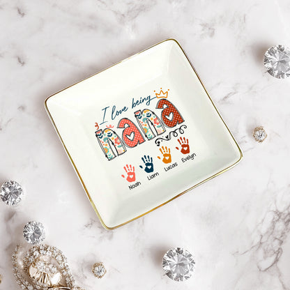 Netecom Personalized I Love Being NANA Jewelry Tray, Custom Handprints & Grandkids Names Ceramic Ring Dish , Mother's Day & Christmas Gift