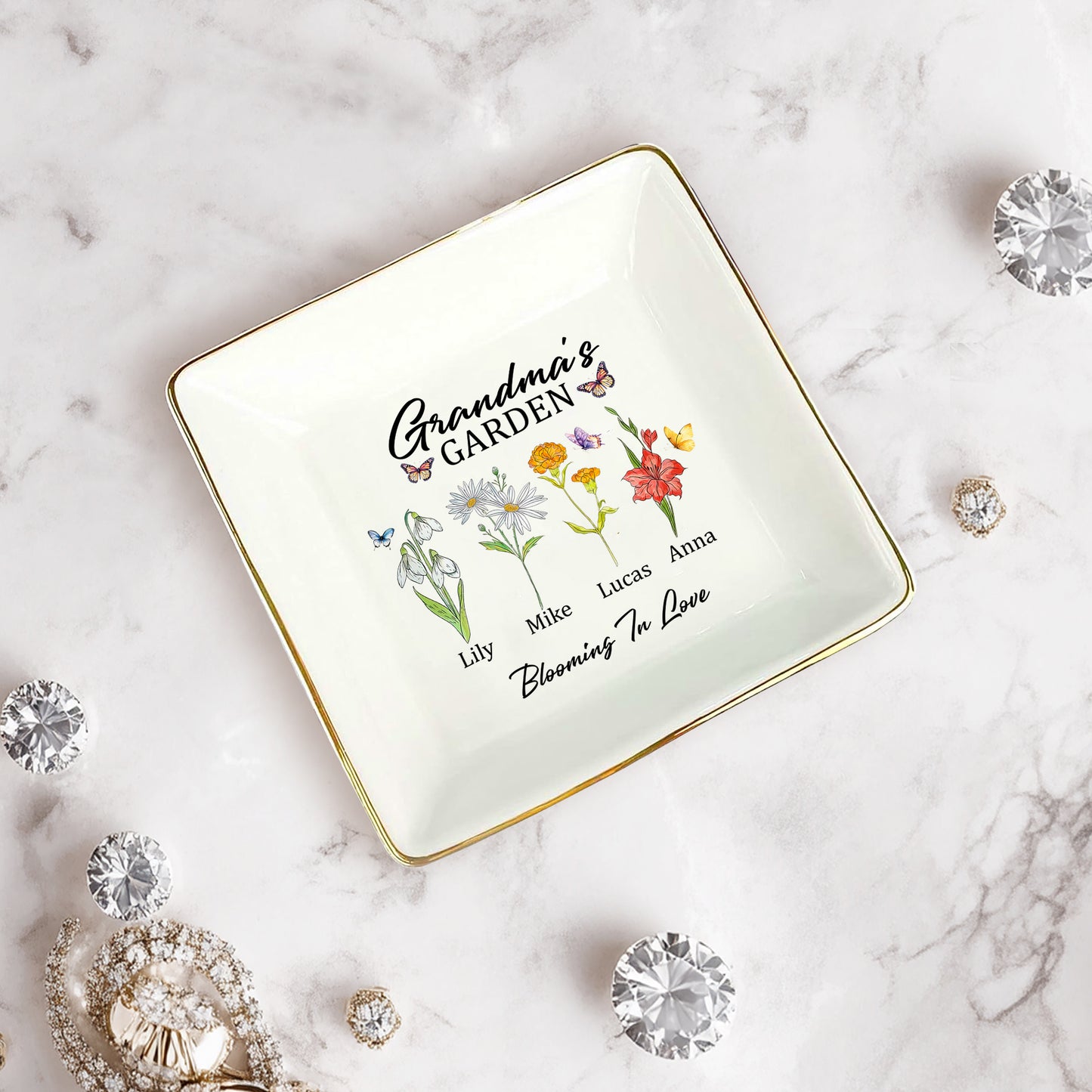 Netecom Personalized Birth Month Flower Jewelry Tray , Custom Names Ceramic Ring Dish, Elegant Grandma’s Garden Gift