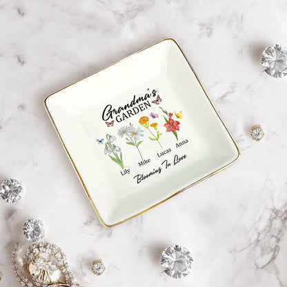 Netecom Personalized Birth Month Flower Jewelry Tray , Custom Names Ceramic Ring Dish, Elegant Grandma’s Garden Gift