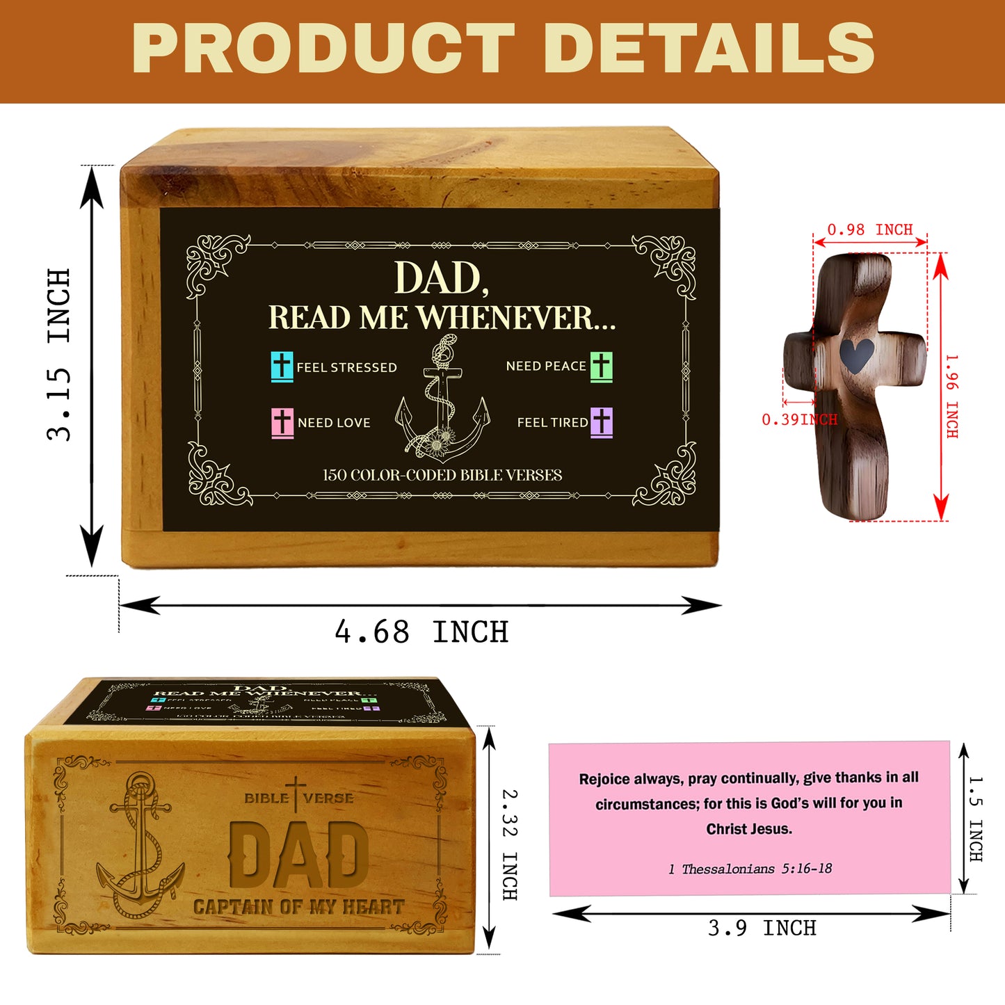 Dad Bible Verses Wooden Box with Walnut Cross – 150 Color-Coded Christian Scriptures for Peace, Love, Strength & Encouragement – Perfect Gift for Fathers