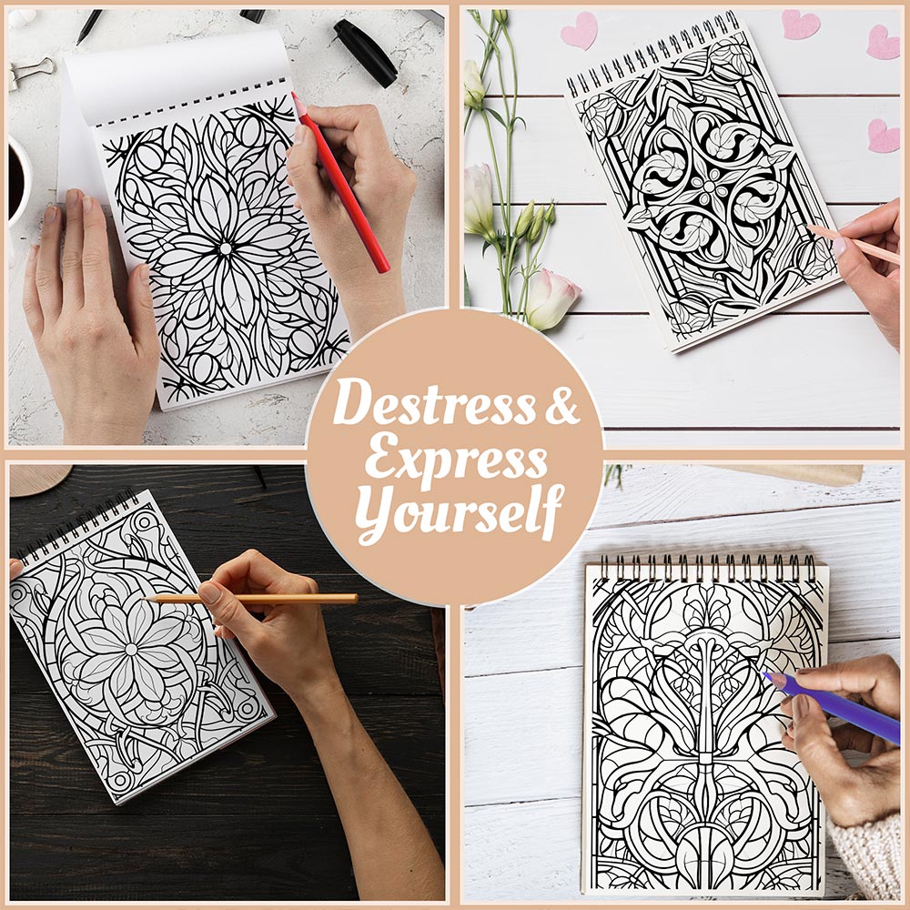 Netecom Stained Glass Pattern Coloring Book Spiral Bound For Adults