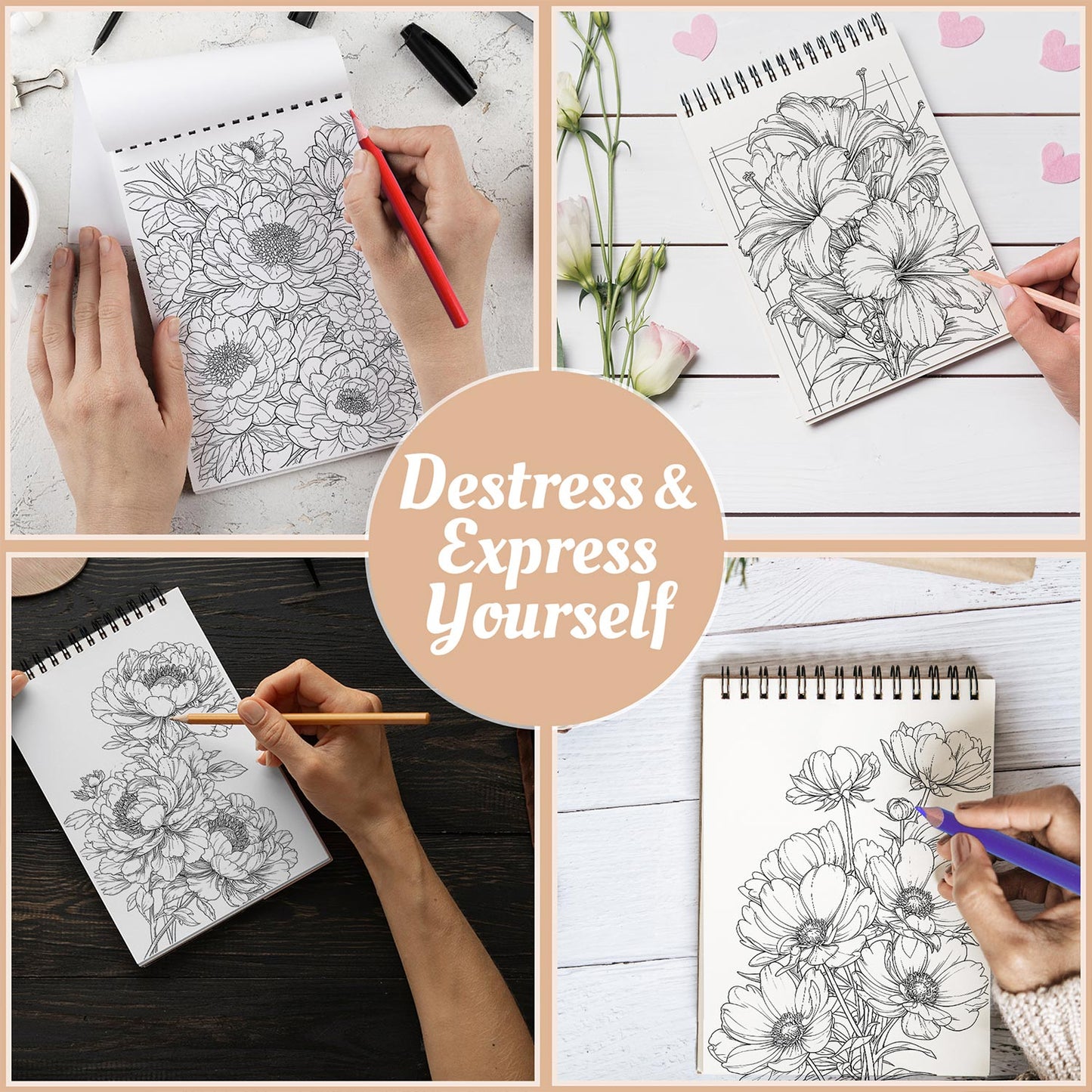 Netecom Stunning Flowers Coloring Book Spiral Bound For Adults