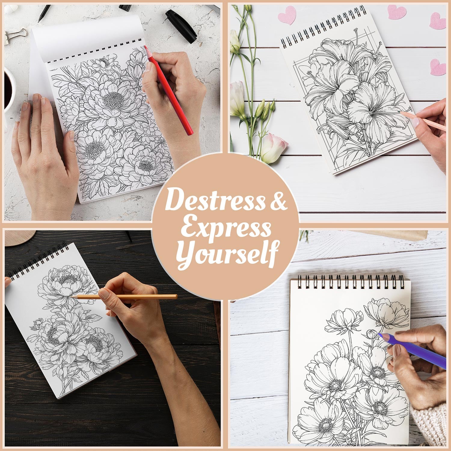Netecom Stunning Flowers Coloring Book Spiral Bound For Adults