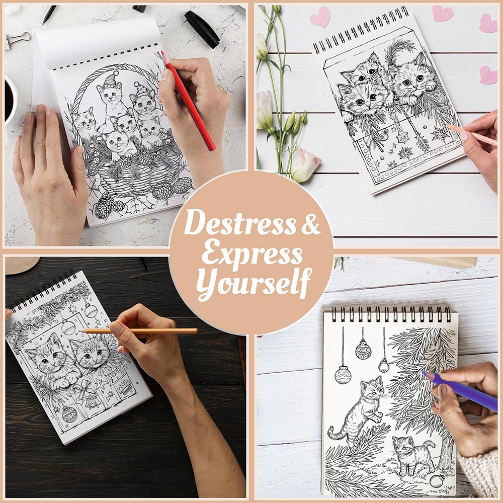 Netecom Christmas Kittens Coloring Book Spiral Bound For Adults