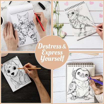 Netecom Cute Robot Animal Coloring Book Spiral Bound For Adults