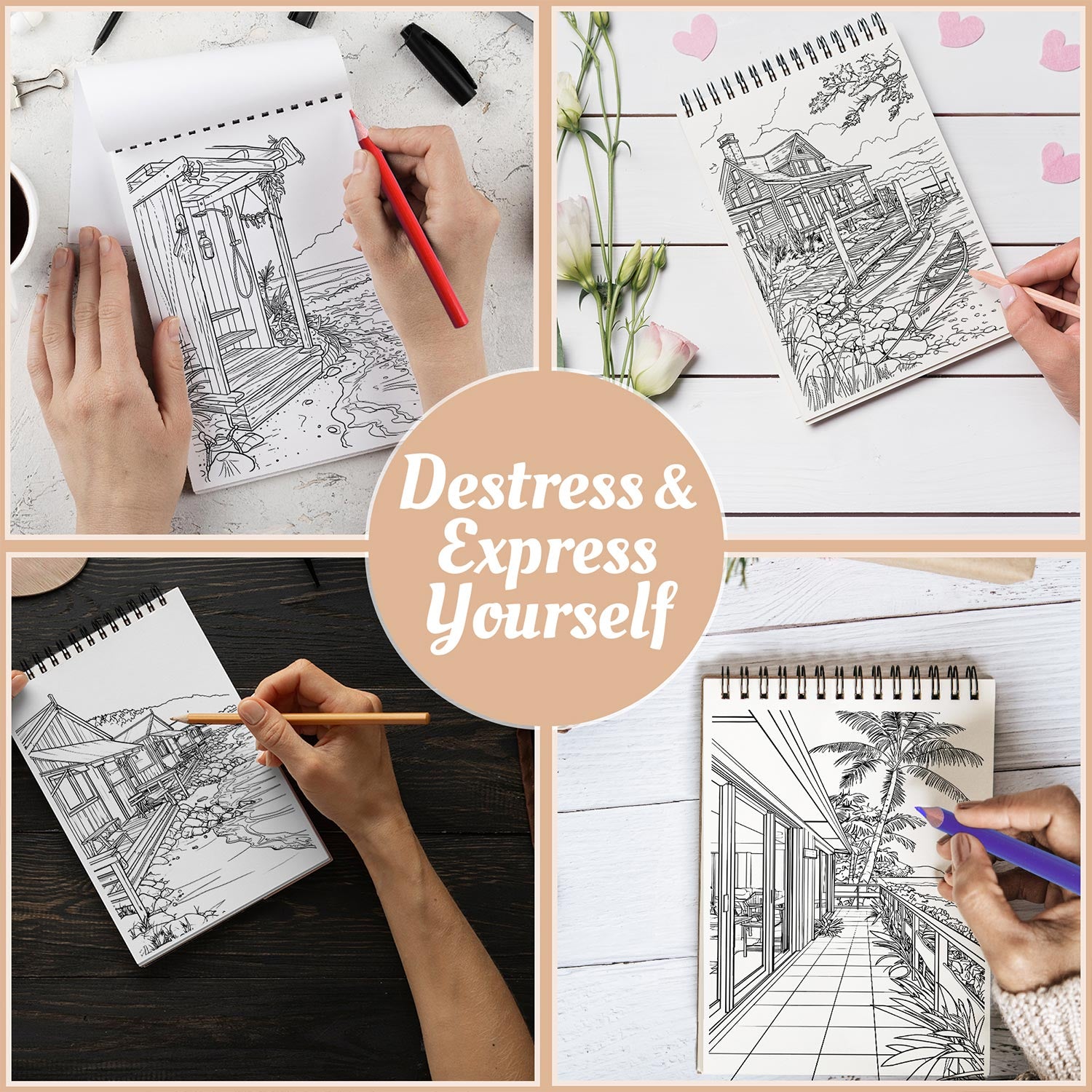Netecom Seashore Scenes Coloring Book Spiral Bound For Adults