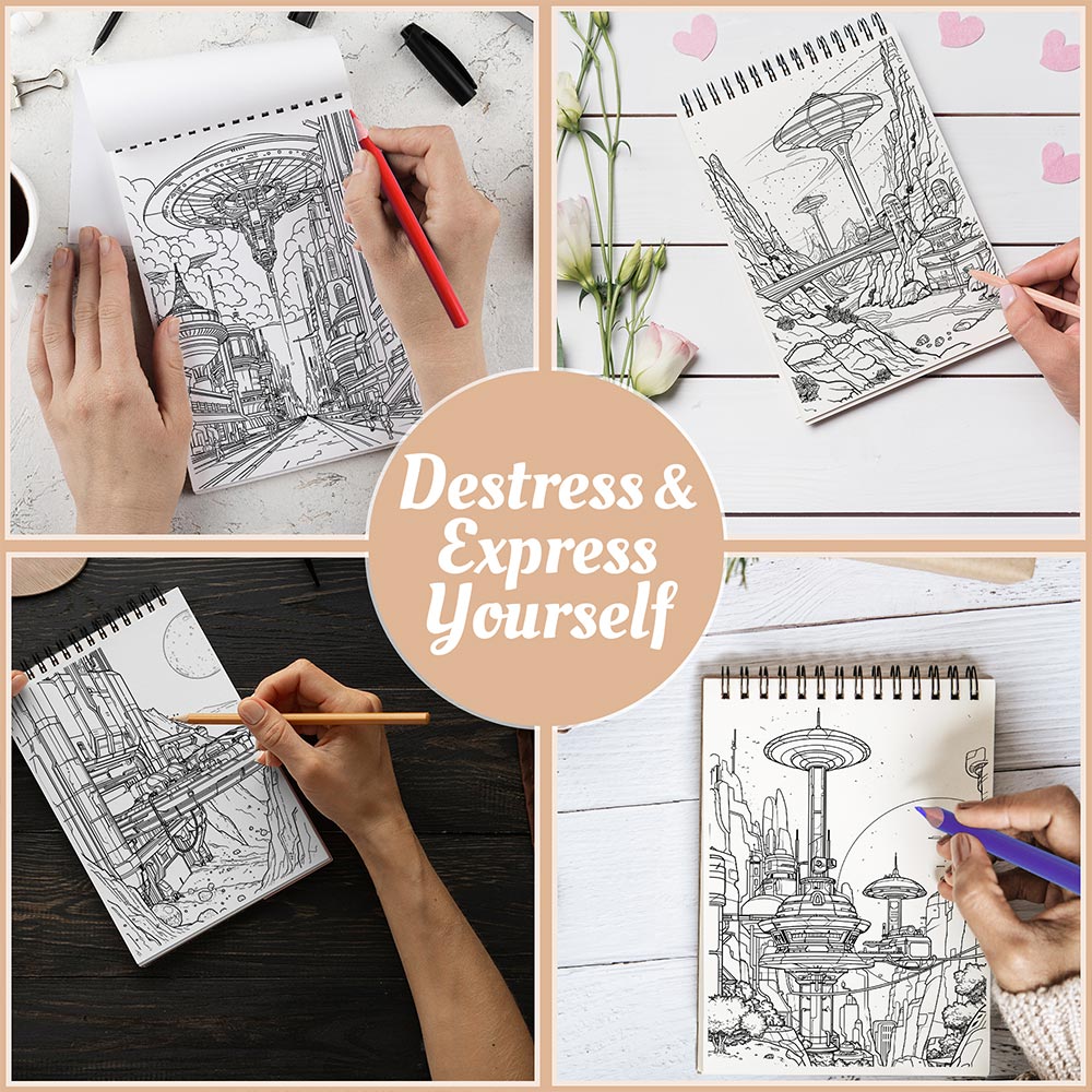 Netecom Super Future Sci-Fi Coloring Book Spiral Bound For Adults