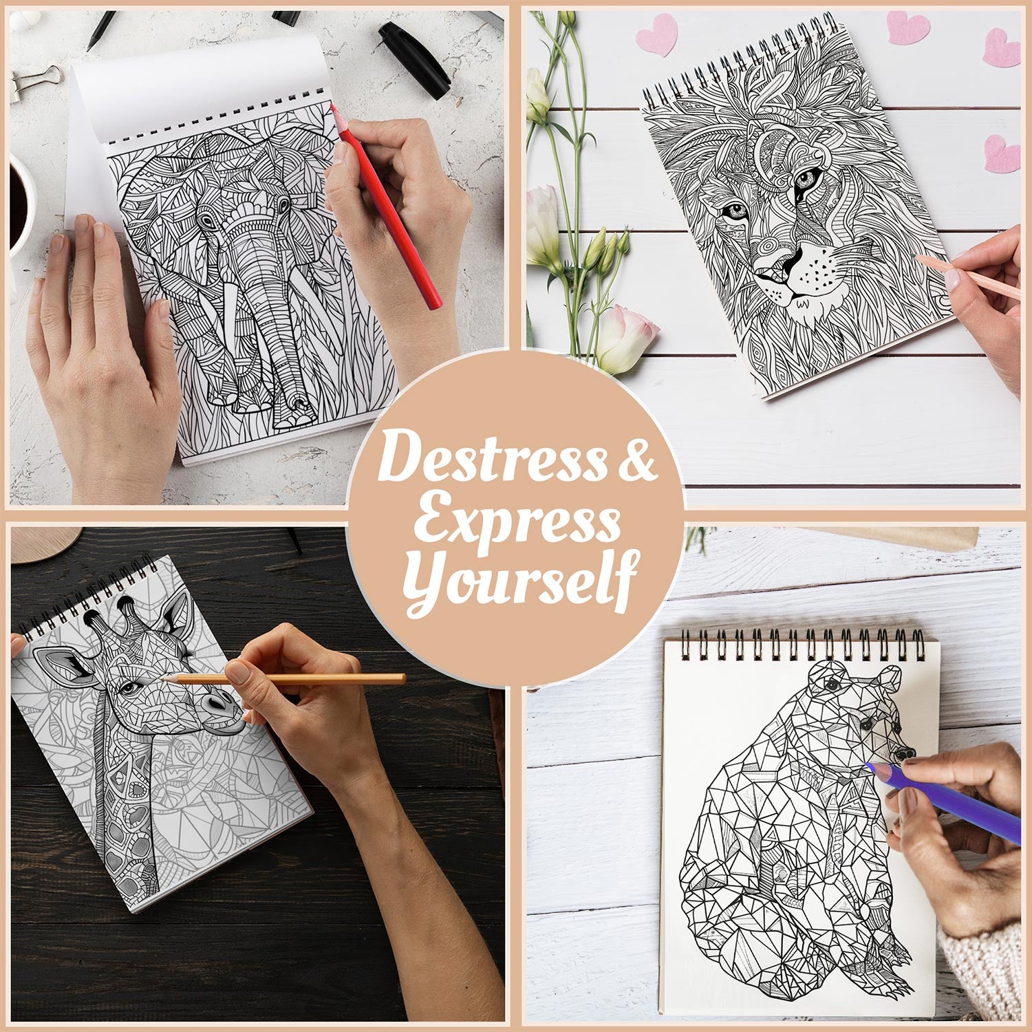 Netecom Mosaic Animals Coloring Book Spiral Bound For Adults