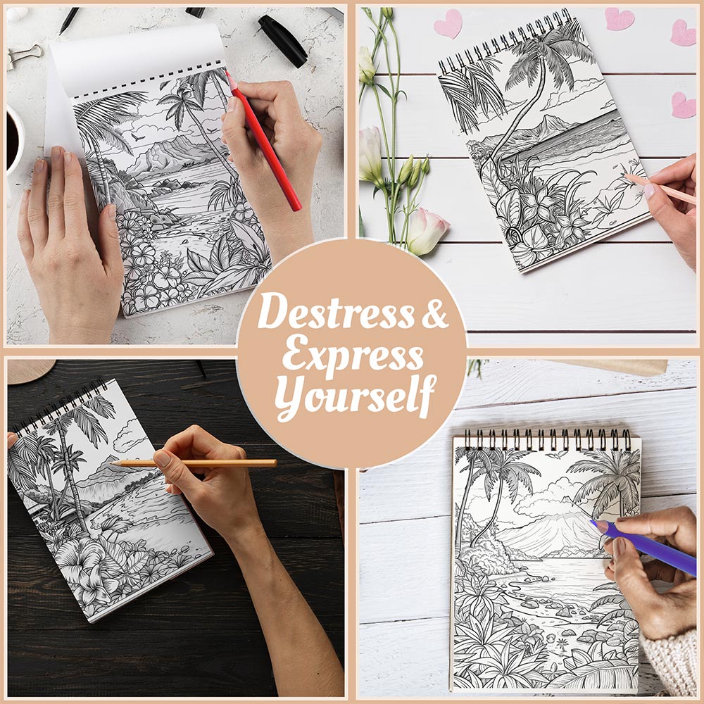 Netecom Hawaiian Paradise Coloring Book Spiral Bound For Adults