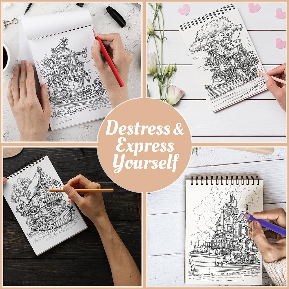 Netecom Fantasy Houseboats Coloring Book Spiral Bound For Adults