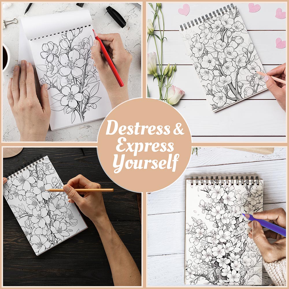 Cherry Blossoms Coloring Book Spiral Bound For Adults